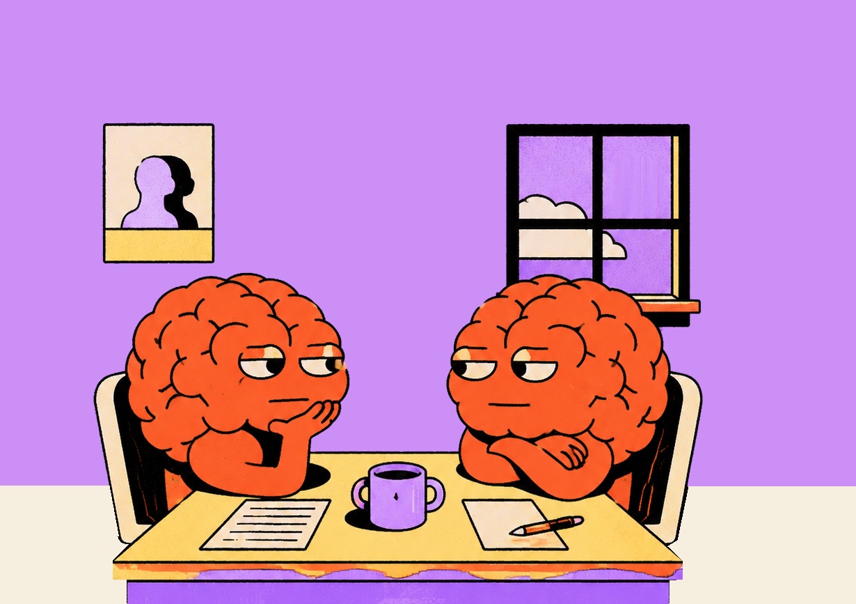 Two grumpy cartoon brains sitting across a kitchen table from each other, with papers, a pen and a shared cup of coffee