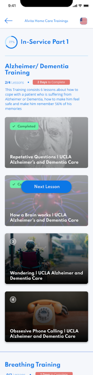 Medflyt training detail — Alzheimer and Dementia lessons with completion states and the next lesson queued