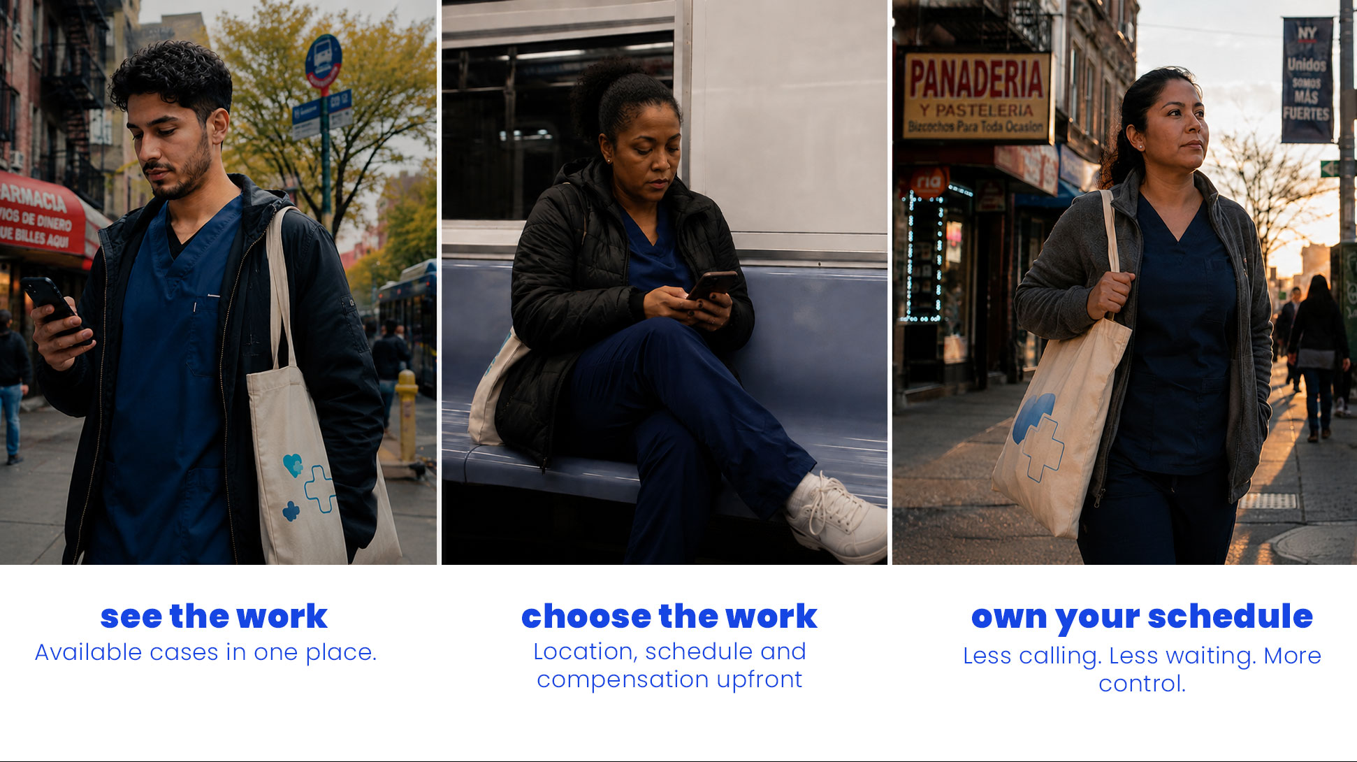 Three caregivers in navy scrubs with Medflyt tote bags around New York — checking cases at a bus stop (see the work), reviewing a shift on the subway (choose the work), and walking home at sunset (own your schedule)