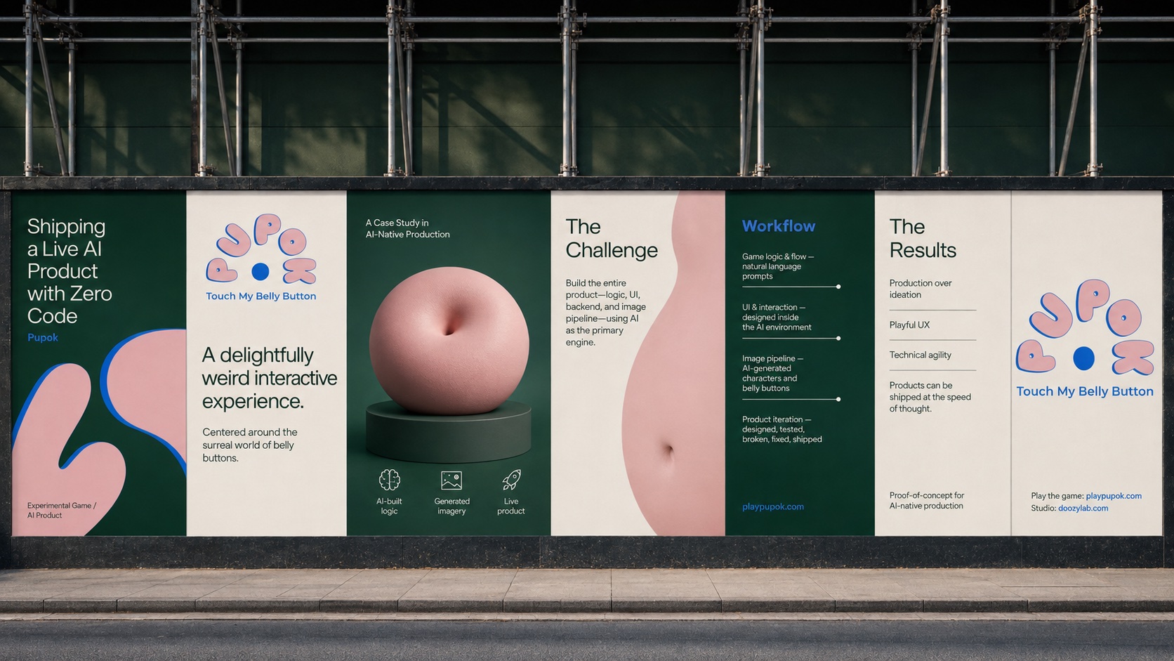 Pupok case-study hoarding on a street wall: Shipping a Live AI Product with Zero Code — the challenge, workflow and results panels around the belly-button sculpture