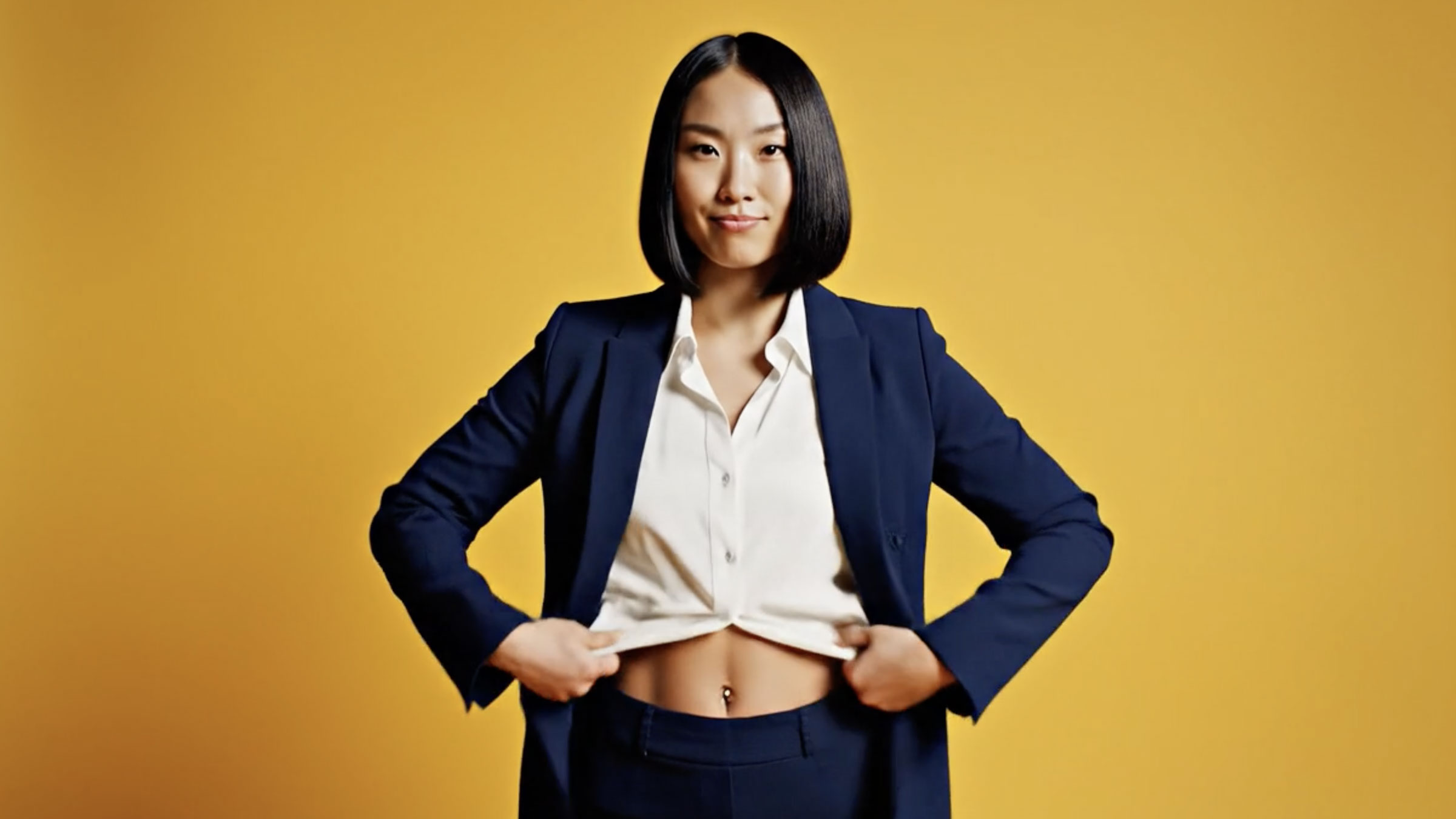 Pupok — a woman in a navy suit on yellow, lifting her shirt to show a pierced belly button
