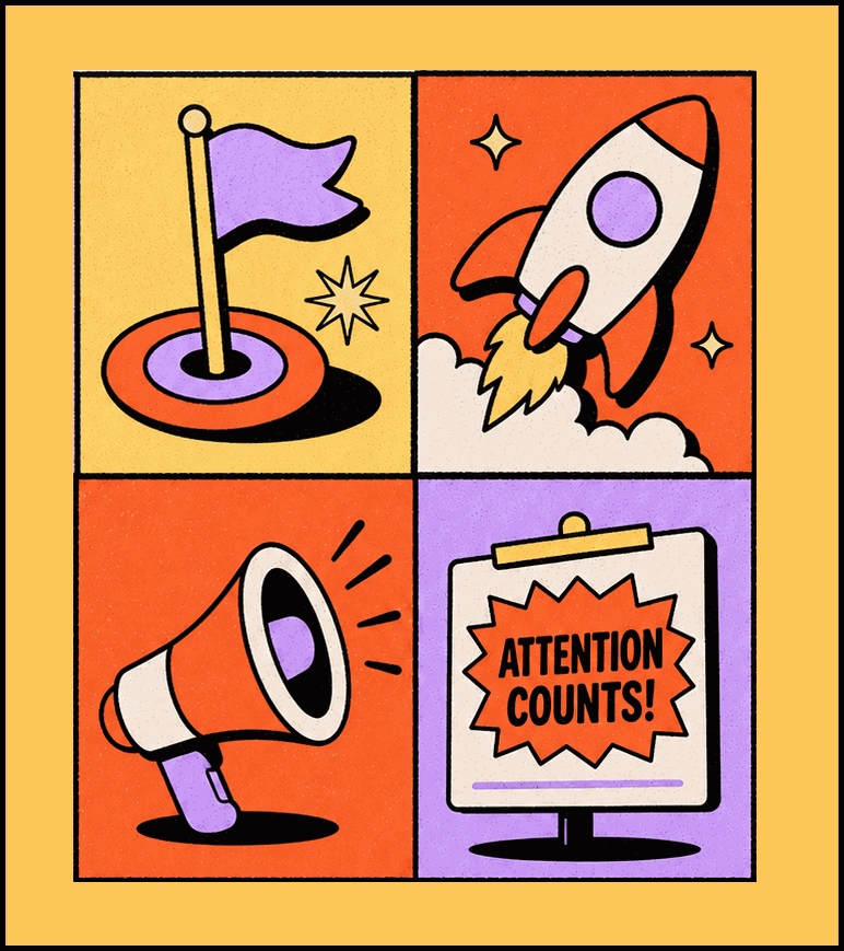 Sprint icons: a flag on a target, a launching rocket, a megaphone and an attention-counts sign